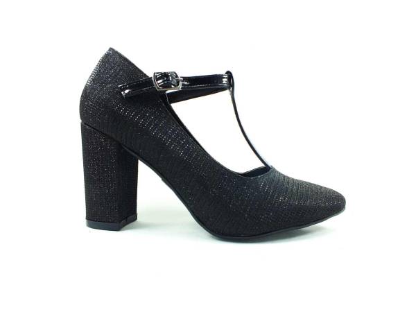 Topuklu T-Bant Bayan Ayakkabı - Siyah-Simli - 105